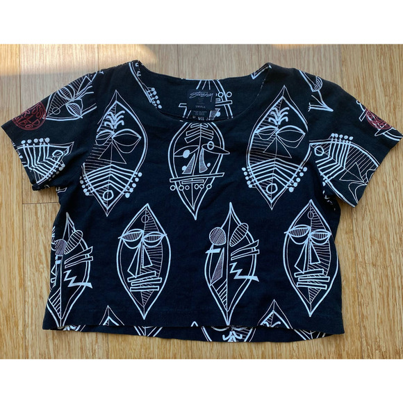 Stussy Women's Black Tribal Crop Top SMALL Linen and Rayon Blend - Picture 1 of 6
